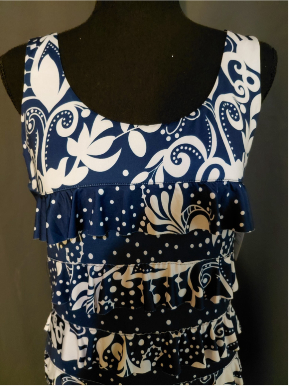 Tango Mango Blue White Abstract Polka Dot Ruffle Shift Dress Stretch P/S NWT - Picture 4 of 5